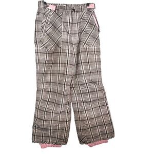 Cherokee Snow Ski Pants Girls Sz L Brown Pink Plaid Insulated Adjustable Waist